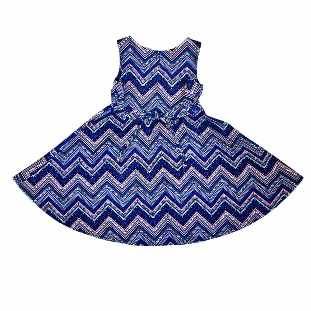 Sweet Heart Rose Dress Girls Size 5 Blue Chevron Twirl Sleeveless Tie Back Flare